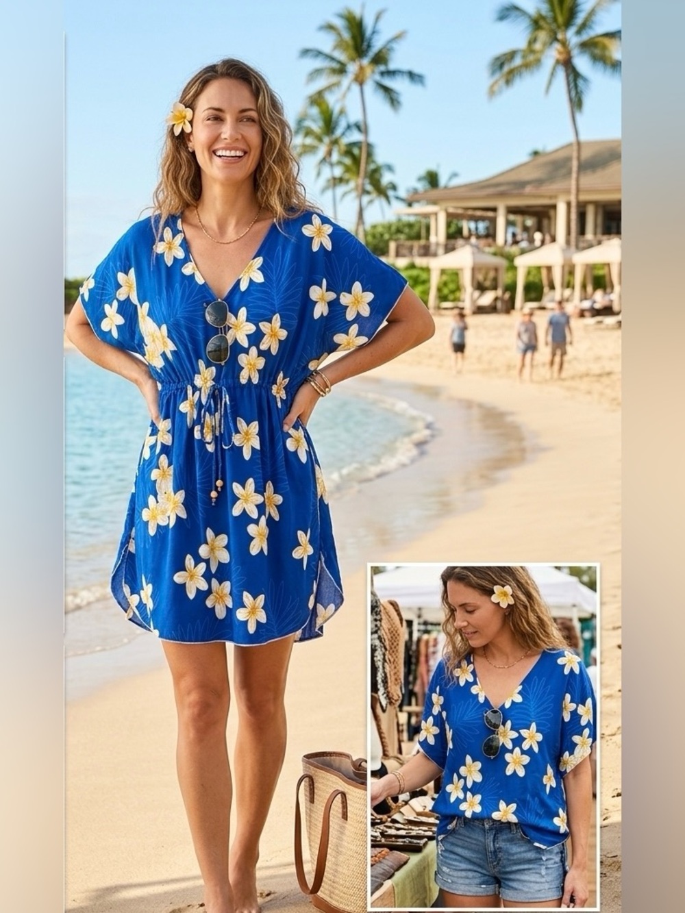 Favant Hawaii Blue Plumeria Floral V-Neck Swim Cover Up Tunic One Size